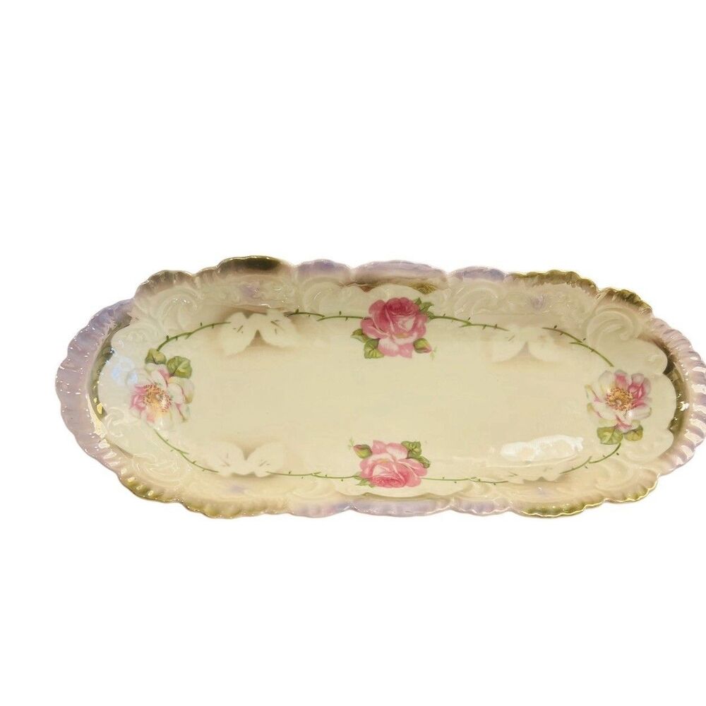 Antique RS Prussia Celery Relish Dish Pink Roses Pearl Lustre Germany 12”